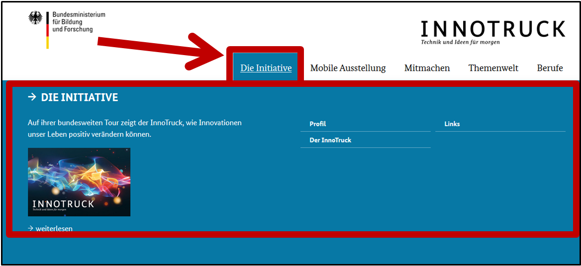 Auf einem Screenshot der InnoTruck-Startseite ist das Hauptmenü mit einem roten Rahmen und Pfeil markiert.