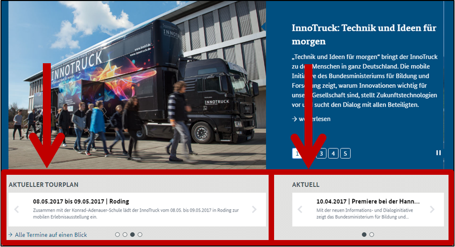 Auf einem Screenshot der InnoTruck-Startseite ist der Navigationsbereich mit aktuellen Tourstandorten und News-Meldungen mit einem roten Rahmen und Pfeil markiert.