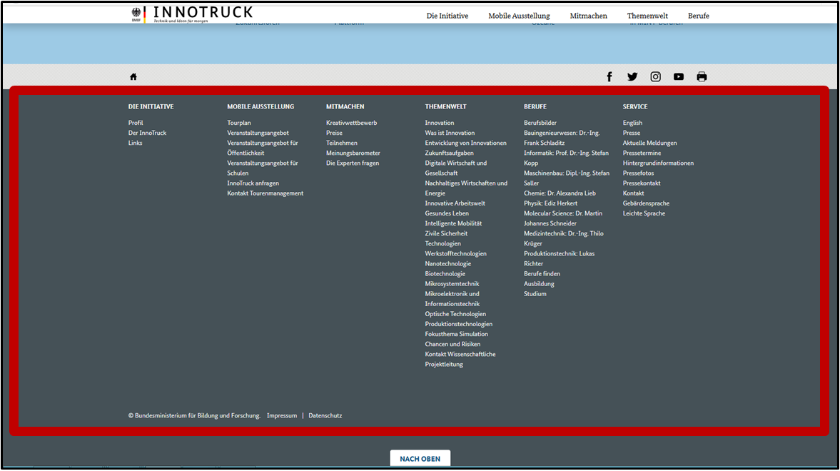 Auf einem Screenshot der InnoTruck-Startseite ist die Sitemap am Ende der Seite mit einem roten Rahmen markiert.