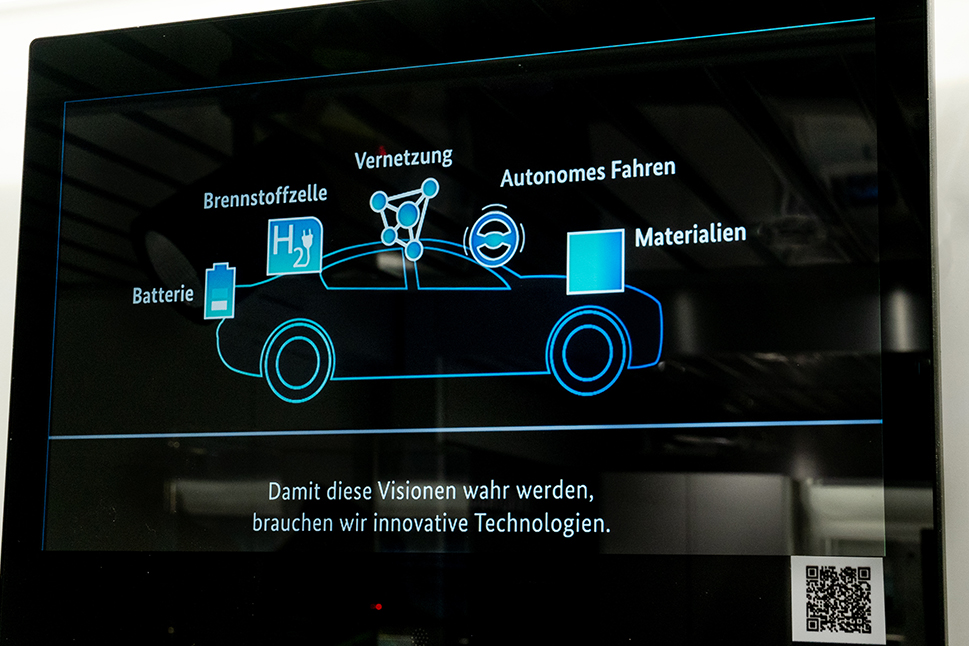 Ein Bildschirm zeigt eine interaktive Anwendung auf welcher der Umriss eines Autos mit verschiedenen Menüpunkten zu sehen ist.
