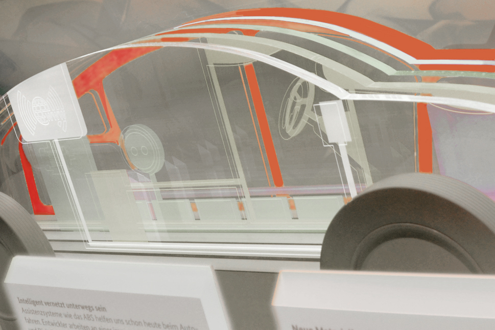 Wählt man beim Modell 'Auto der Zukunft' das Thema Leichtbau, so wird das Fahrzeug von einer roten Linie umrahmt.
