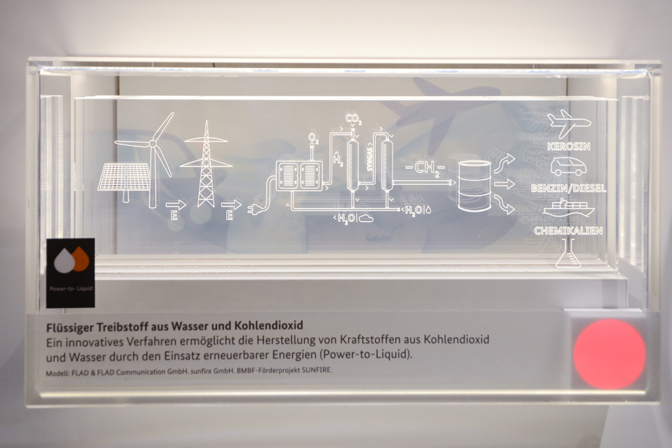 Eine Plexiglasscheibe im InnoTruck mit der schematischen Darstellung des chemischen Prozesses zur Herstellung synthetischer Kraftstoffe.