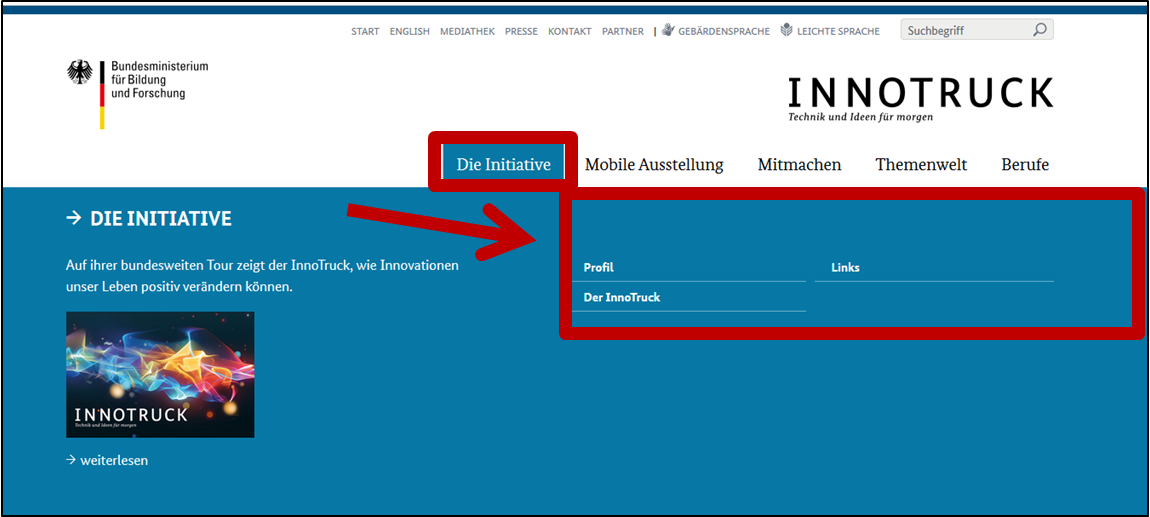 Abbildung Startseite www.innotruck.de. Aufgeklappter Menüpunkt Initiative.