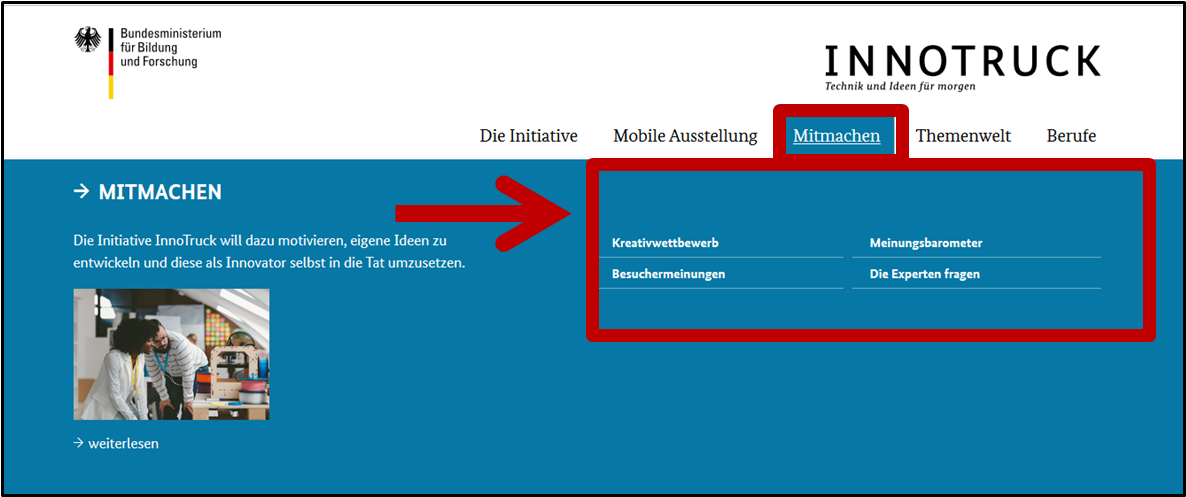Abbildung Startseite www.innotruck.de. Aufgeklappter Menüpunkt Mitmachen.
