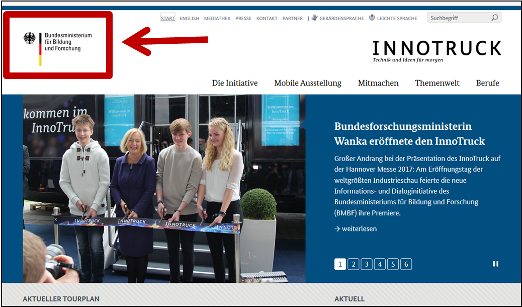 Abbildung Startseite www.innotruck.de. Logo 'BMBF'.