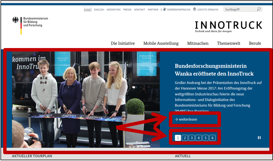 Abbildung Startseite www.innotruck.de. Bereich 'Top-Themen.