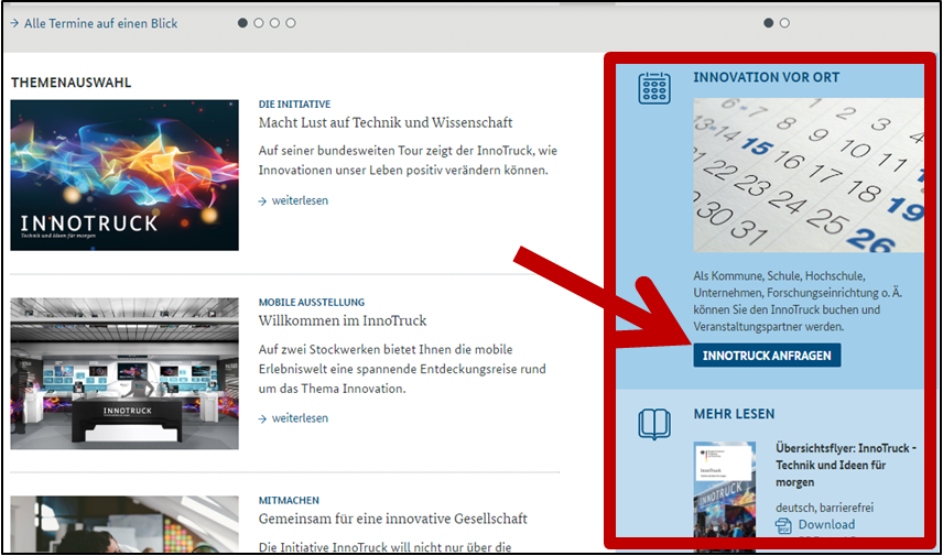 Abbildung Startseite www.innotruck.de. Bereiche 'Innovationen vor Ort' und 'Mehr Lesen'.