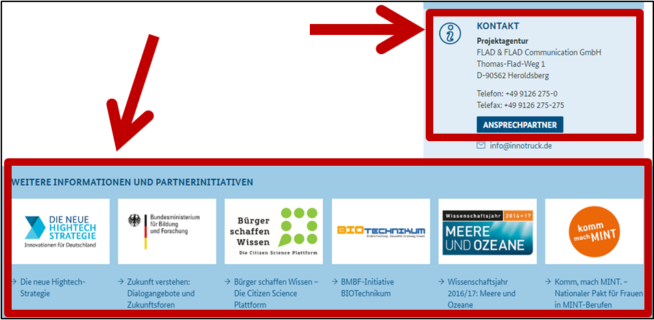 Abbildung Startseite www.innotruck.de. Bereich 'Kontakt' und 'Weitere Informationen und Partner-Initiativen'.