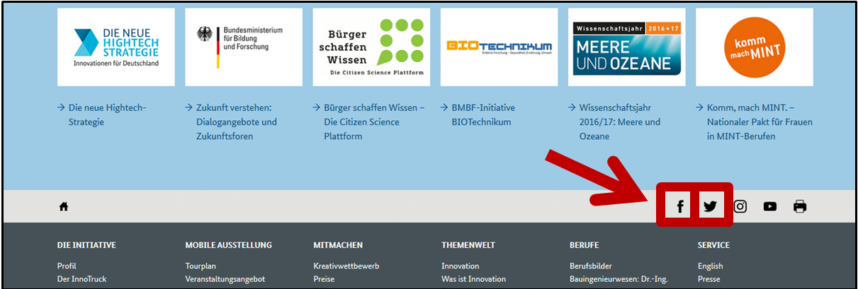 Abbildung Startseite www.innotruck.de. Bereich 'Facebook' und 'Twitter'.