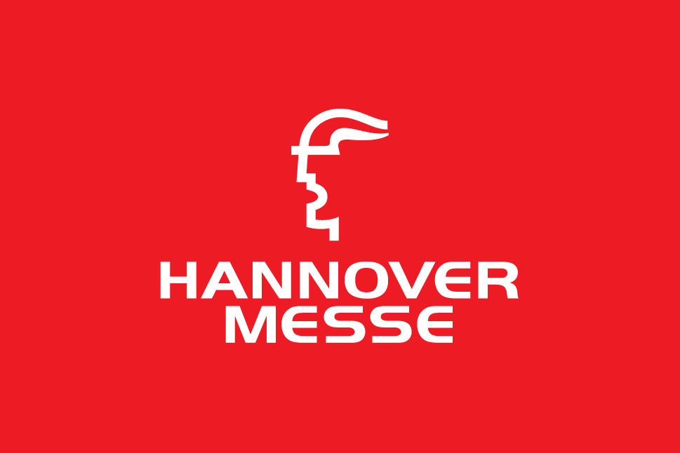 Bild zeigt das Logo der Hannover Messe mit weißer Schrift auf rotem Untergrund